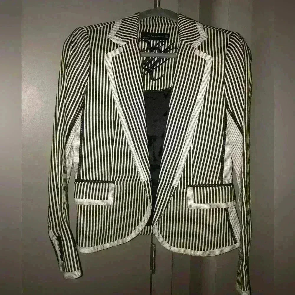 Zara Womens Black and White Blazer with Pindot Contrast Trim
